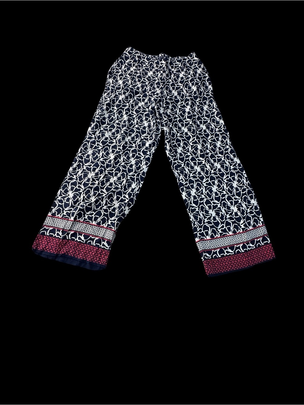 Kaari Blue Navy & White Floral Wide-Leg Pants with Red Hem Trim